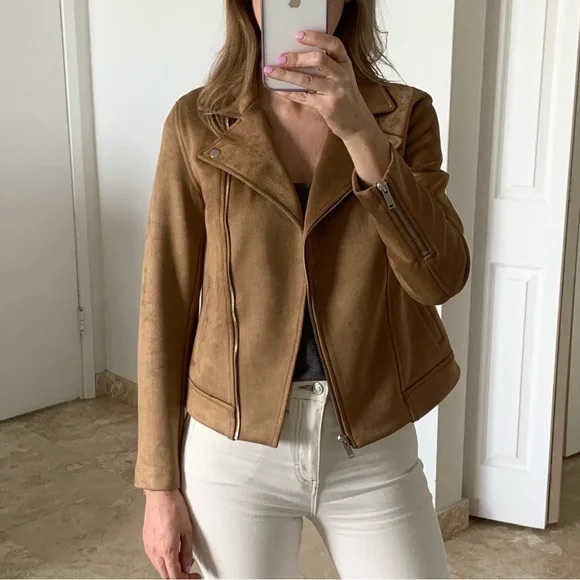 Old navy faux suede leather bomber Jacket small tan - Picture 2 of 10